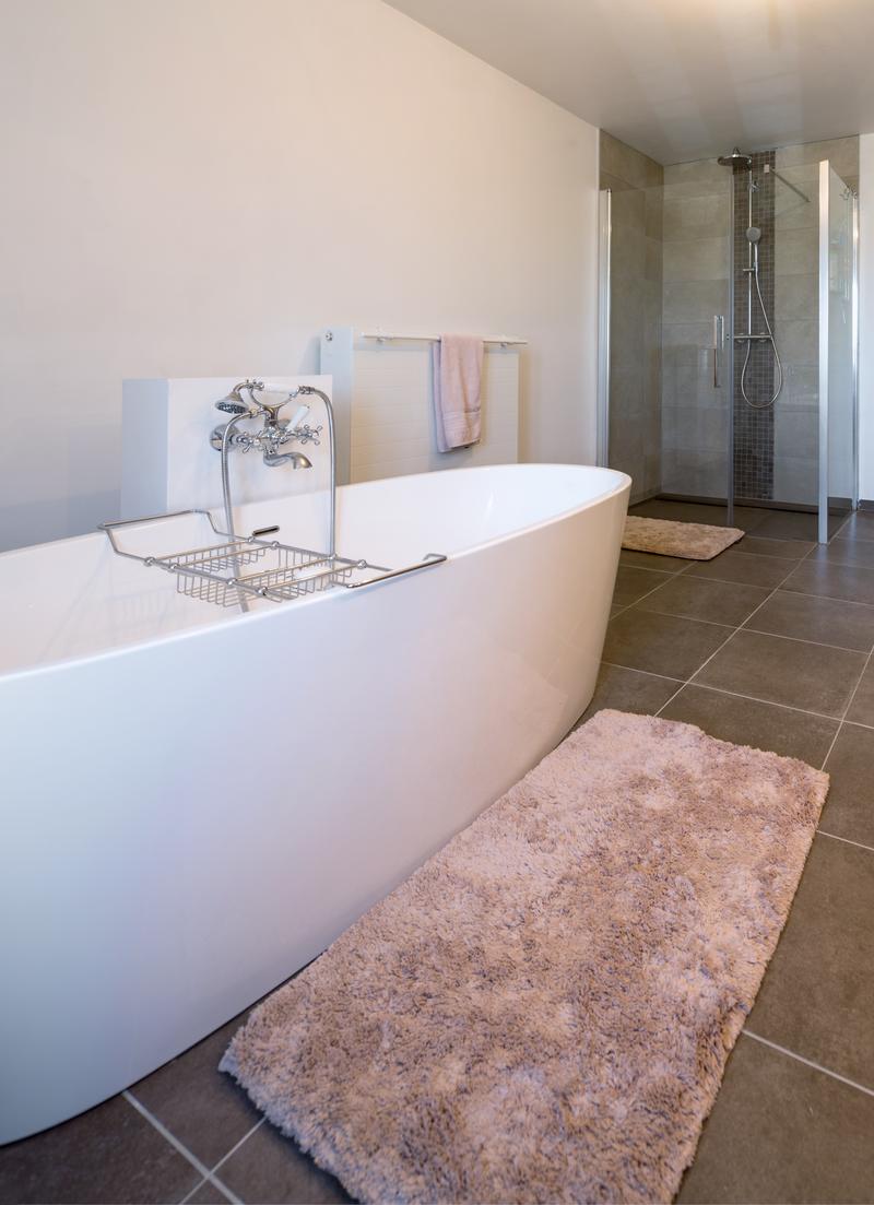 A freestanding bath in front of a glass shower with a mixer and rain head